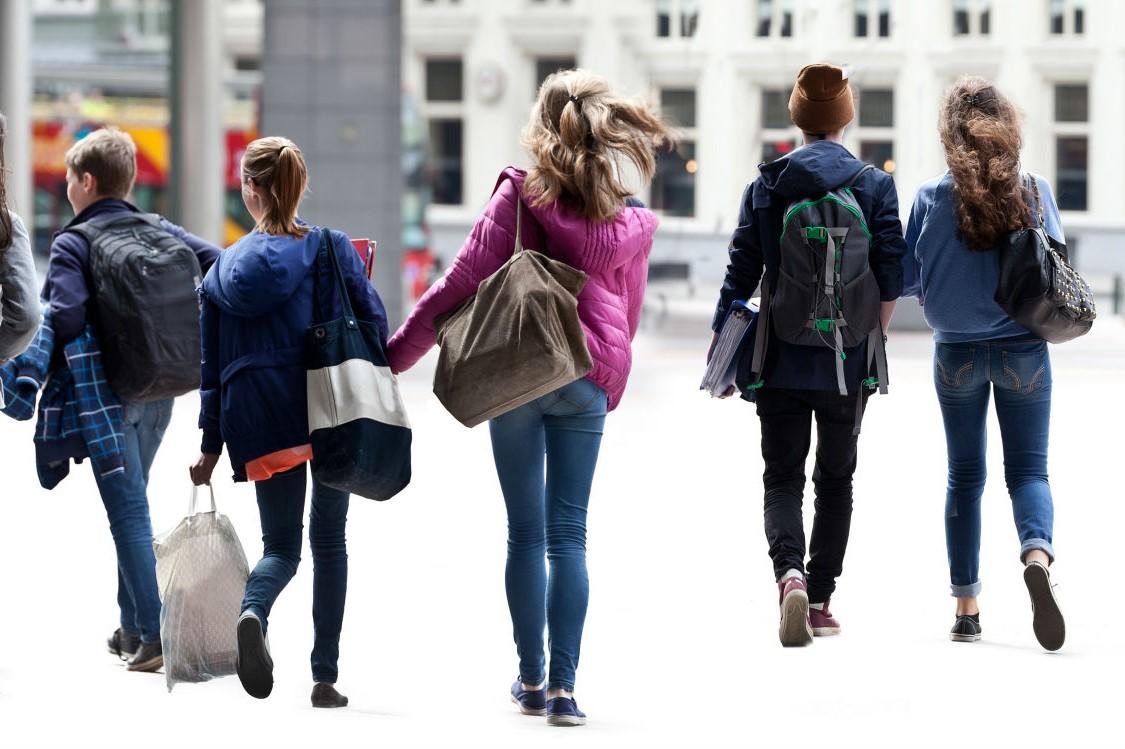 students walking away